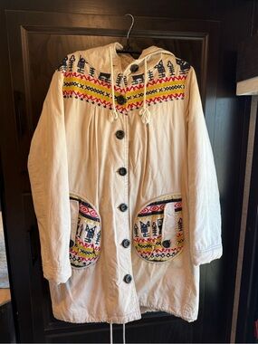 Ribbonwork USA Hooded Nordic Embroidered Cotton Parka Jacket Small Boho